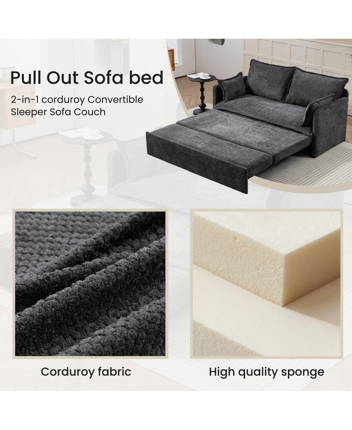 Maison Boucle Pull Out Corduroy Sleeper Sofa with Usb & Storage, 59.5'' Convertible Loveseat Bed for Small Spaces, Apartment, Bedroom