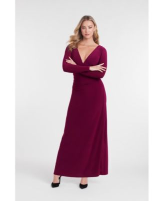 Women's Sculpting Shapewear Shirred V-Neck Long Sleeve Solid Maxi Dress