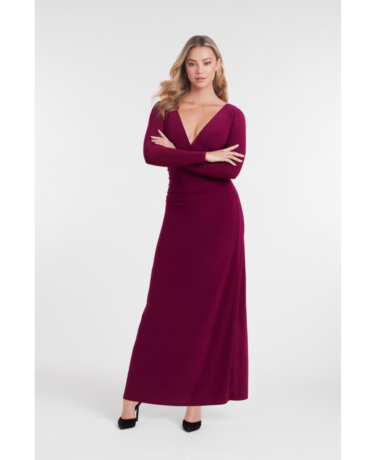 S3 Apparel Women's Sculpting Shapewear Shirred V-Neck Long Sleeve Solid Maxi Dress - Cherry Mocha