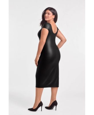 Women's Sculpting Shapewear Square Neck Cap Sleeve Faux Leather Midi Dress