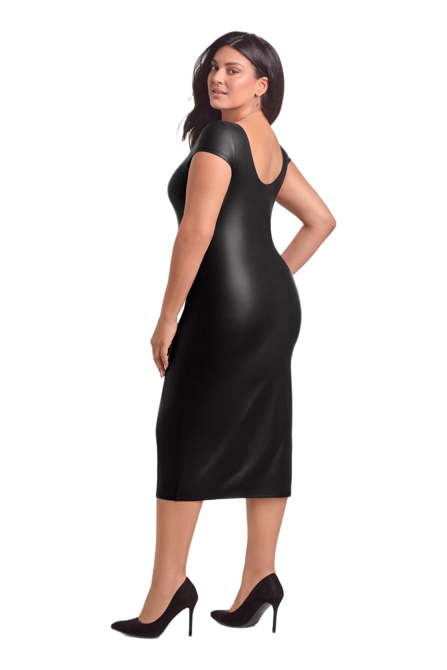 Women's Sculpting Shapewear Square Neck Cap Sleeve Faux Leather Midi Dress