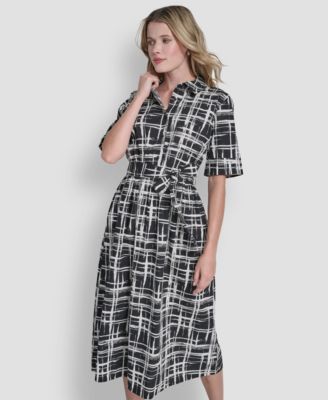 Women's 3/4-Sleeve Collared Neck Cotton Midi Shirt Dress