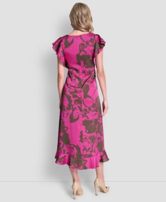 Women's Cap-Sleeve Surplice Neck Ruffle Midi Dress