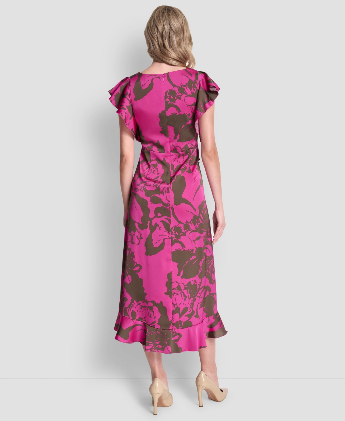 Dkny Women's Cap-Sleeve Surplice Neck Ruffle Midi Dress