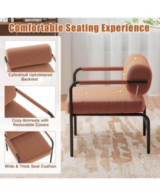 1 PCS Modern Velvet Upholstered Accent Chair with Cylindrical Backrest & Metal Armrests