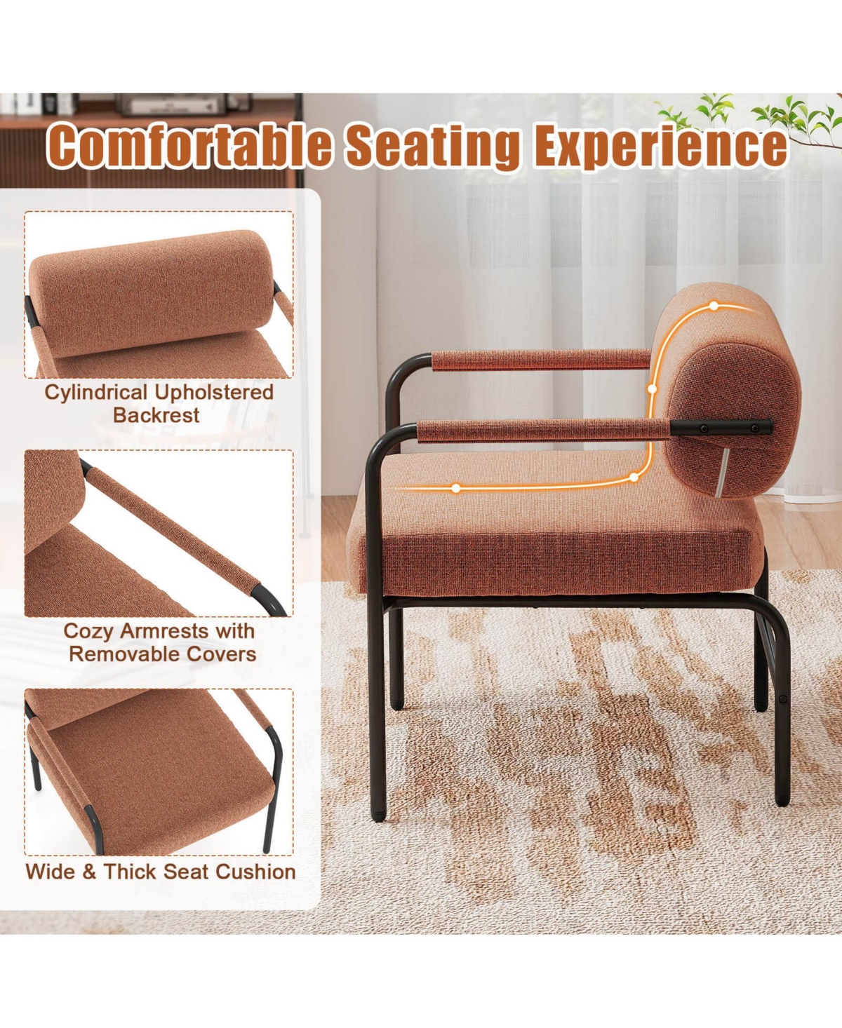 Costway 1 Pcs Modern Velvet Upholstered Accent Chair with Cylindrical Backrest & Metal Armrests