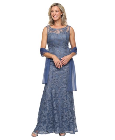 Женское платье Alex Evenings Long Embroidered Sleeveless Dress, цвет: Винтажный синий