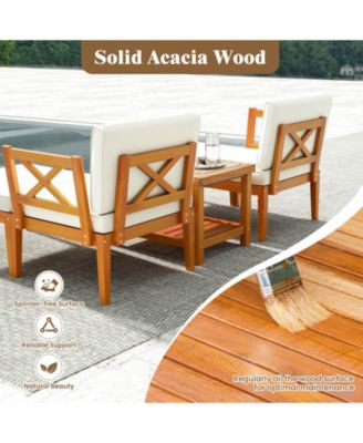 5 PCS Acacia Wood Patio Chaise Lounge Chair Set with 2-Tier Coffee Table Cushions