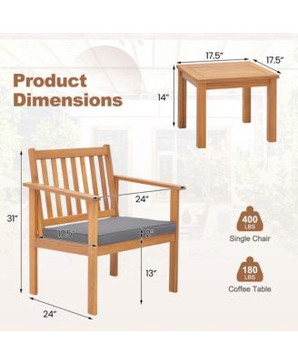  3 PCS  Acacia Wood  Soft Cushions  Patio Furniture Set (Chairs & Coffee Table)