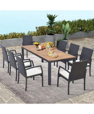 9 PCS Patio Rattan Dining Set with Acacia Wood Table, Cushions, 1.9" Umbrella Hole