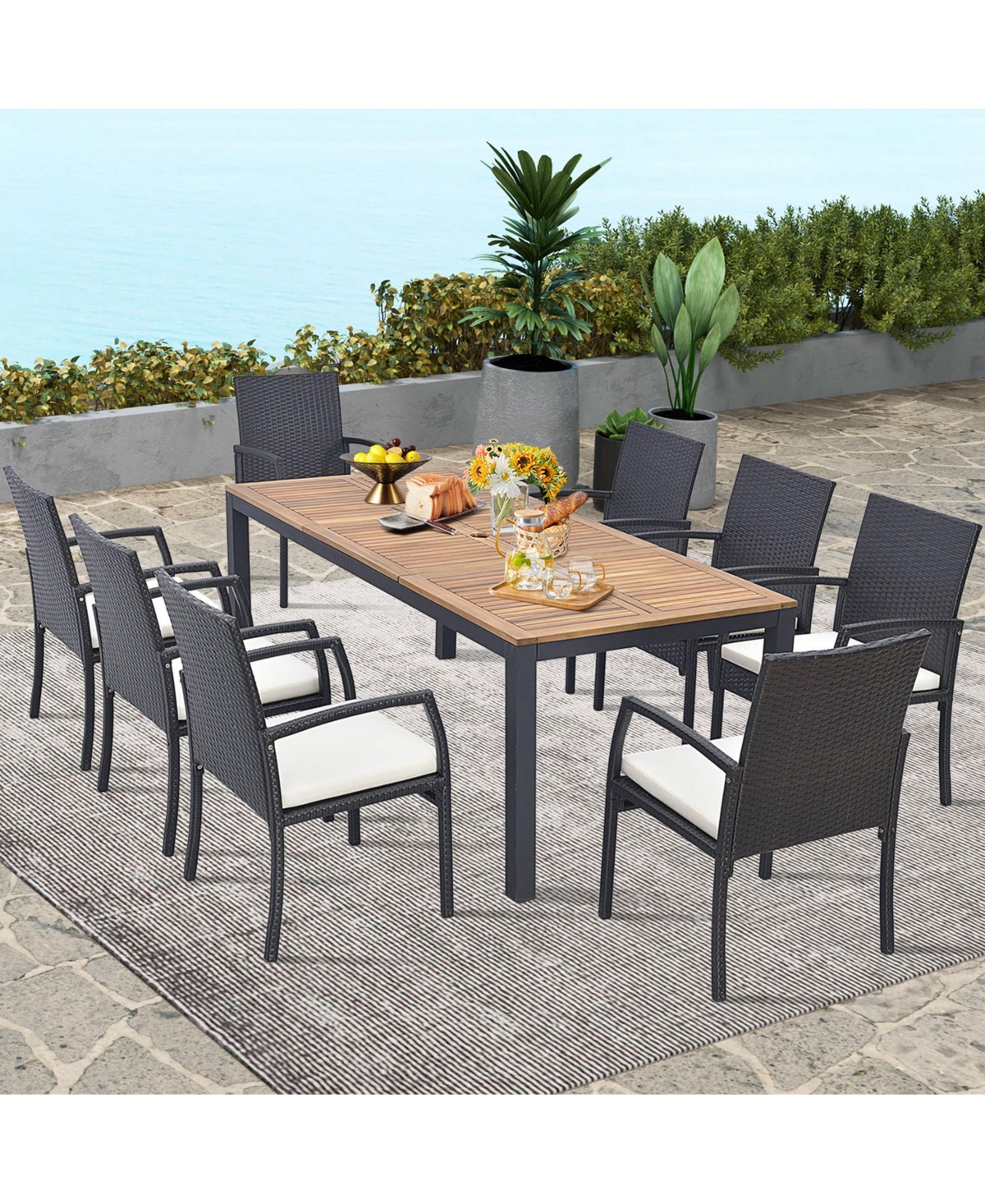 9 Pcs Patio Rattan Dining Set with Acacia Wood Table, Cushions, 1.9" Umbrella Hole