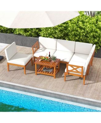  6 PCS  Acacia Wood  Cushions & 2-Tier Coffee Table  Patio Furniture Set.