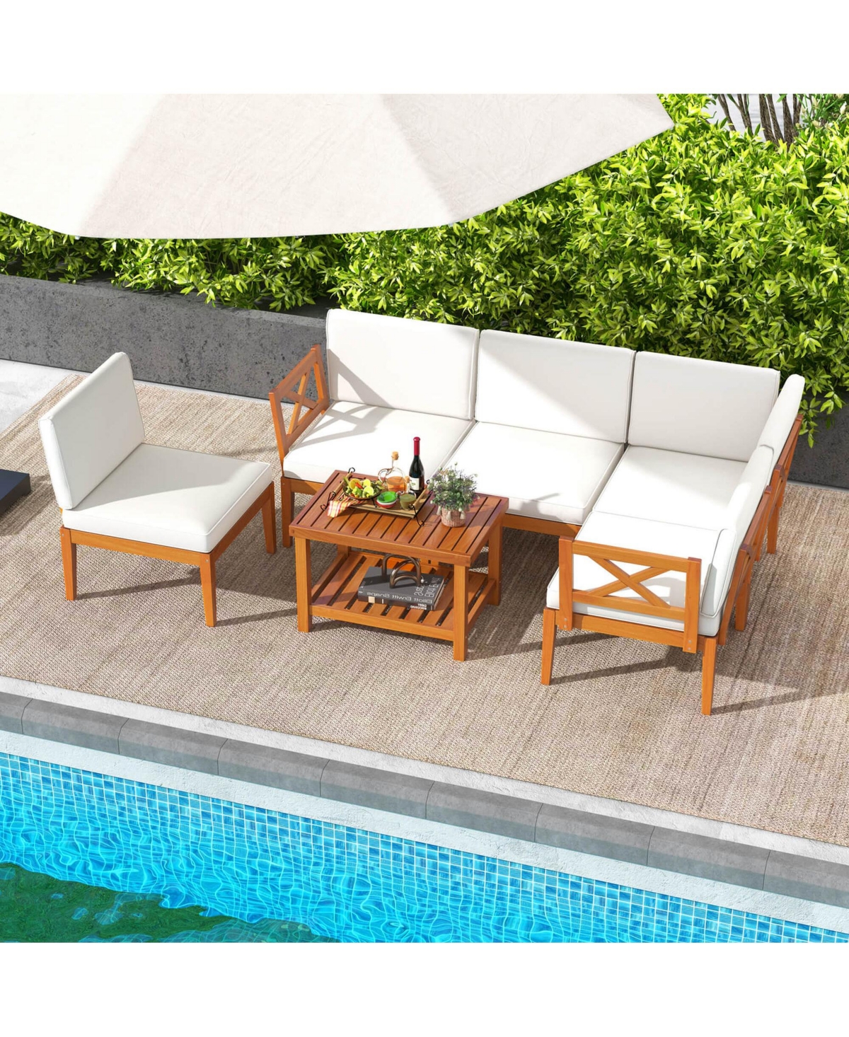 Costway 6 Pcs Acacia Wood Cushions & 2-Tier Coffee Table Patio Furniture Set.
