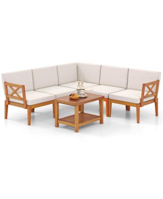  6 PCS  Acacia Wood  Cushions & 2-Tier Coffee Table  Patio Furniture Set.