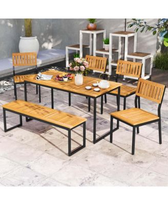 6 PCS Outdoor Acacia Wood Dining Set with Bench and 2" Umbrella Hole Outdoor Patio
