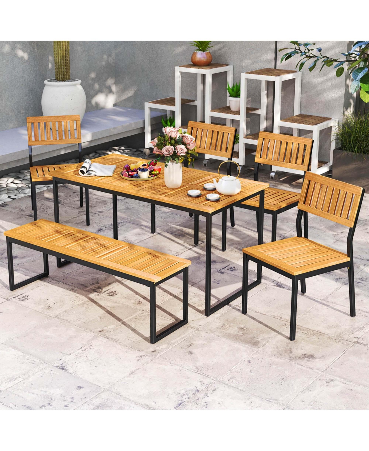 Costway 6 Pcs Outdoor Acacia Wood Dining Set with Bench and 2" Umbrella Hole Outdoor Patio
