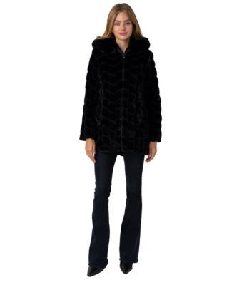 Women's Hooded Grooved Herringbone Faux Fur