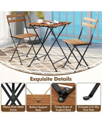 3 PCS Patio Acacia Wood Bistro Set Bistro Table with 2 Folding Chairs Slatted Seat