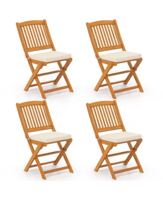 Outdoor Folding Chairs Set of 4 Acacia Wood High-Back Chair with Seat Cushions