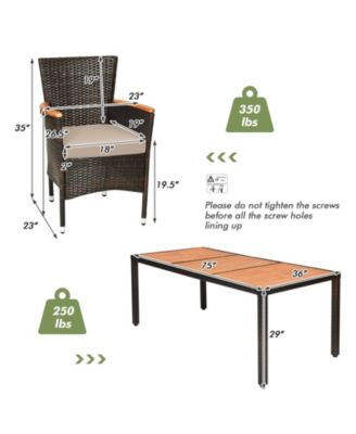 9PCS Patio Wicker Dining Set Acacia Wood Table Top Umbrella Hole Cushions Chairs