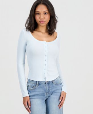 Juniors' Picot-Trim Pointelle Cardigan Knit Long-Sleeve