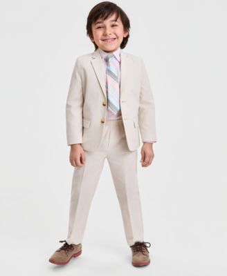 Boys' 2T-7 Khaki Linen Notch Collar Suit Jacket, Pants, Long-Sleeve Stripe Shirt & Plaid Necktie, 4-Piece Set