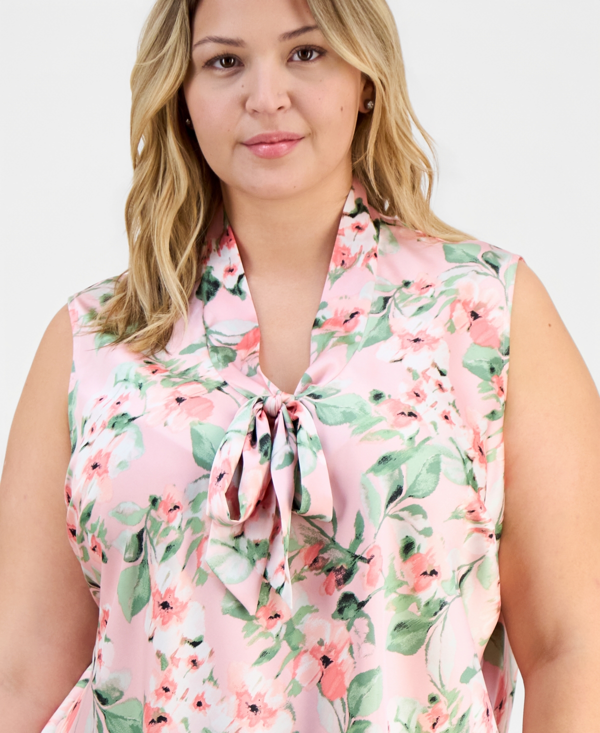 Kasper Plus Floral-Print Tie-Neck Sleeveless Top