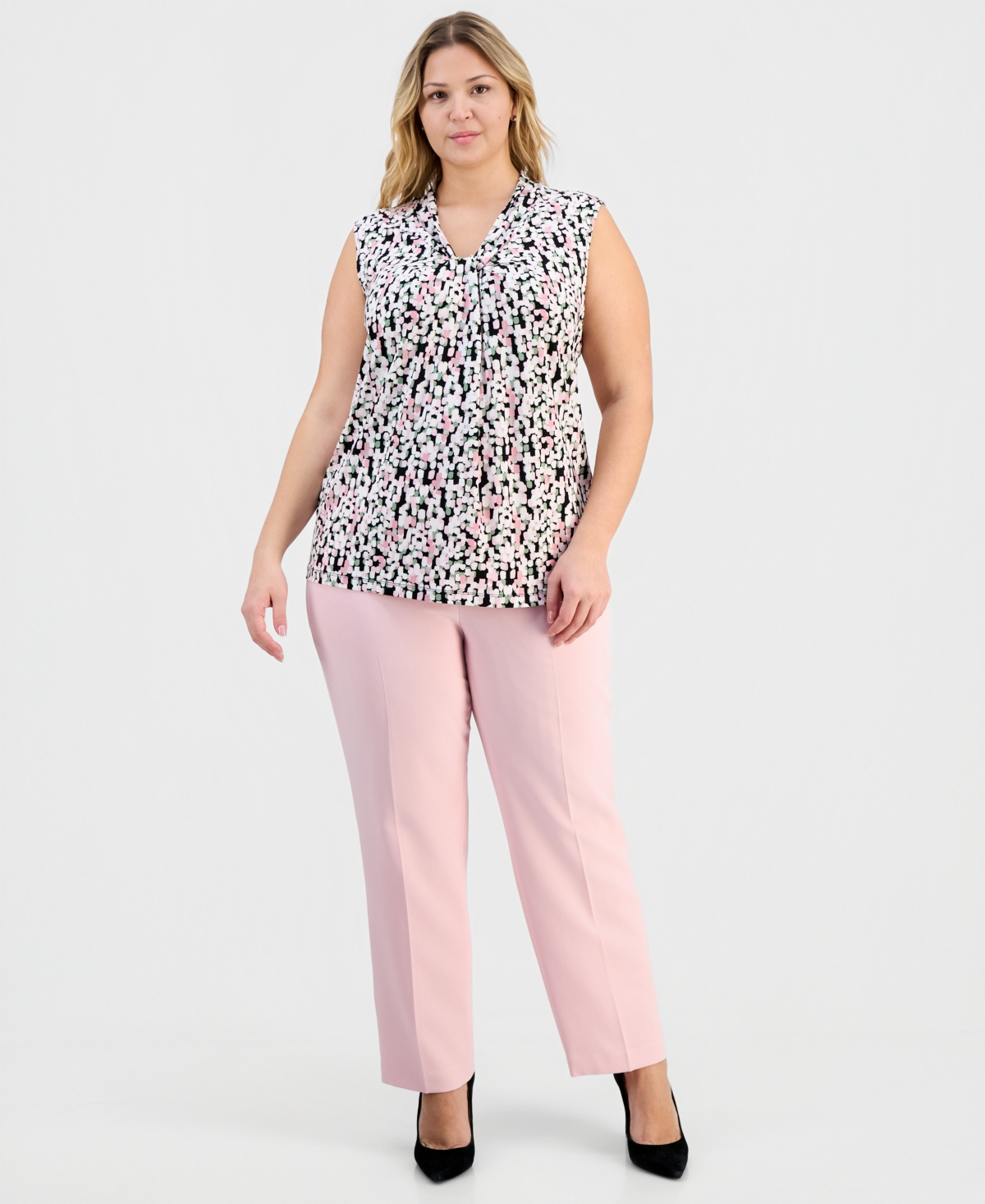 Kasper Plus Printed Knot-Front Sleeveless Top