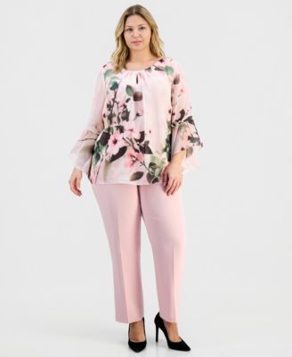 Plus Size Floral-Print Keyhole-Front Flutter-Sleeve Top