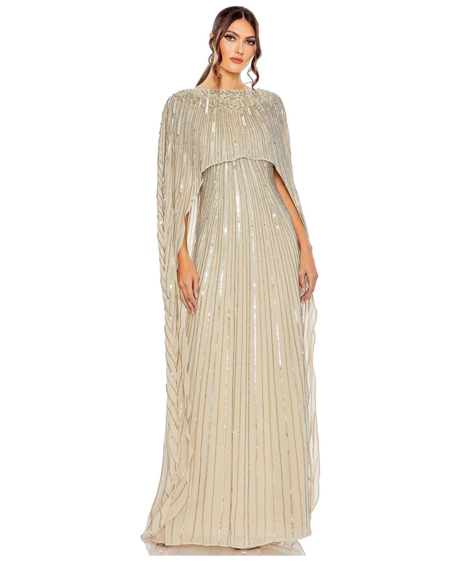 Women's Embellished Beaded Column Cape Gown
