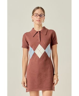 Women's Argyle Knit Polo Mini Dress