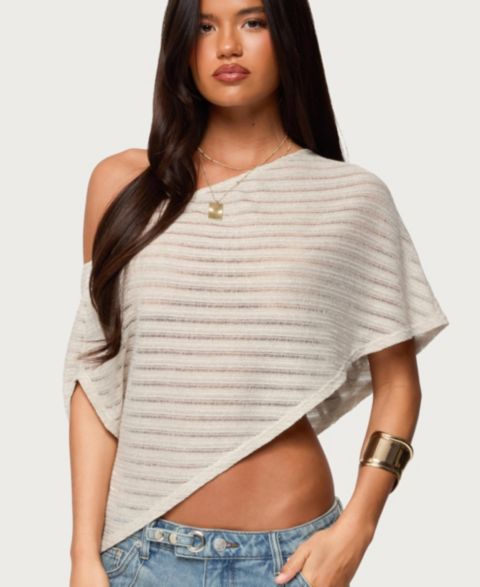 Edikted Women's Loma Asymmetric Off Shoulder Knit Poncho, цвет: Бежевый