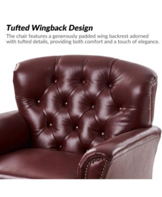 Eugene Traditional Genuine Leather Chair with Tufted Wing Back and Solid Wood