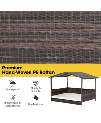 Outdoor Wicker Dog House with Weatherproof Roof-White