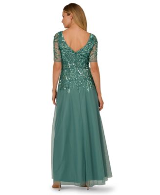 Plus Size Beaded Mesh V-Neck Long Dress