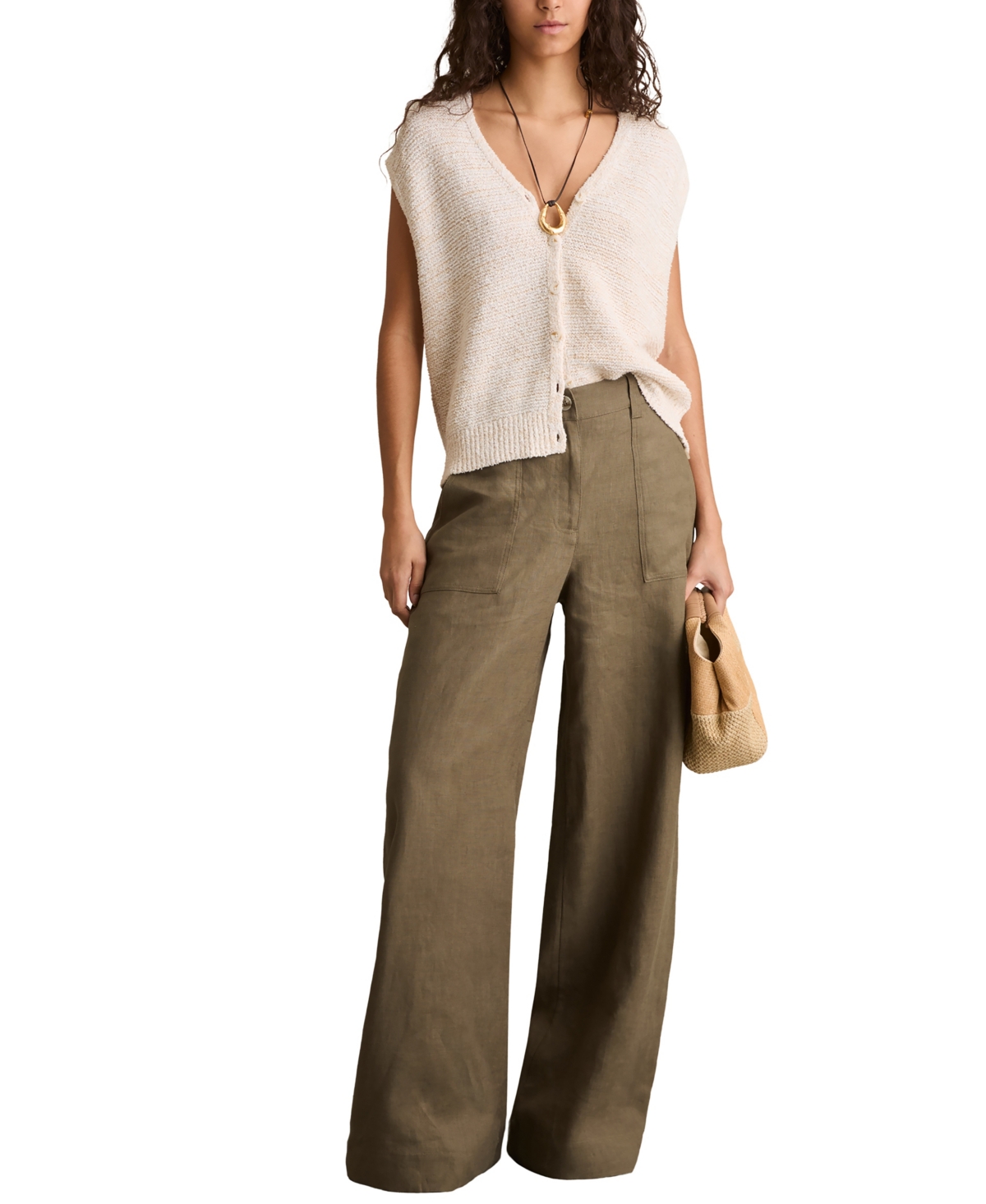 Reiss Khaki Linen Wide Leg Trousers In Brown