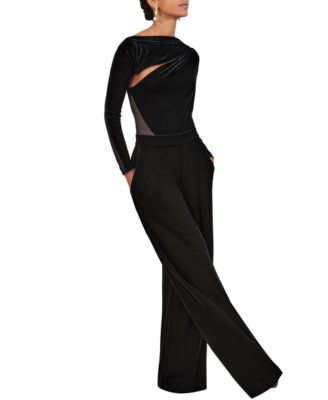 Women's Velvet Sheer-Panel Wide-Leg Jumpsuit