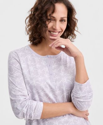 Women's Cotton Printed Long Sleeve Henley Sleepshirt