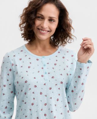 Women's Cotton Printed Long Sleeve Henley Sleepshirt, Created for Macy's