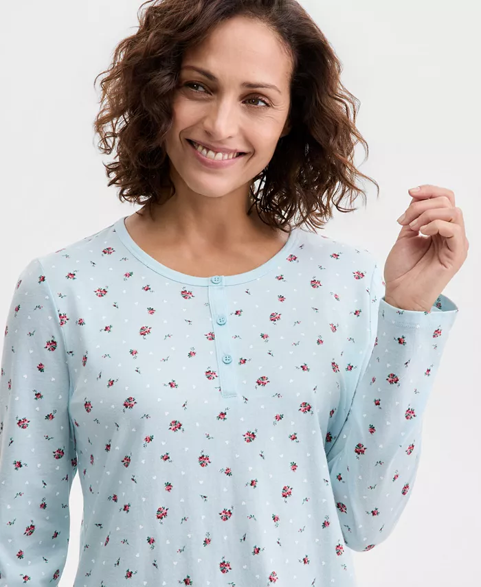 Women's Cotton Printed Long Sleeve Henley Sleepshirt - thumbnail 9