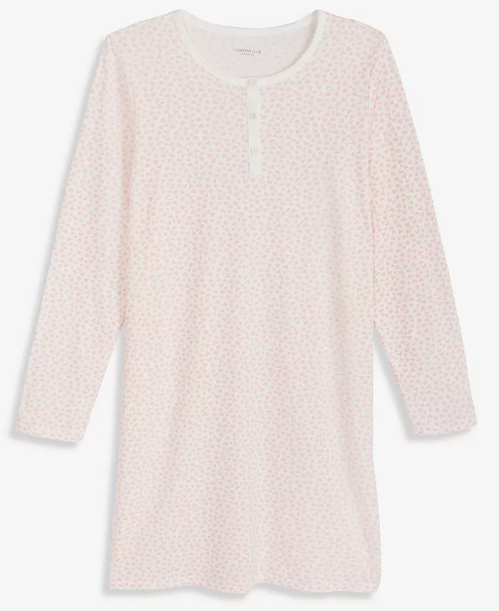 Women's Cotton Printed Long Sleeve Henley Sleepshirt - thumbnail 2