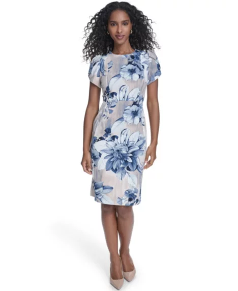 Petite Printed Short-Sleeve Dress - Indigo Multi