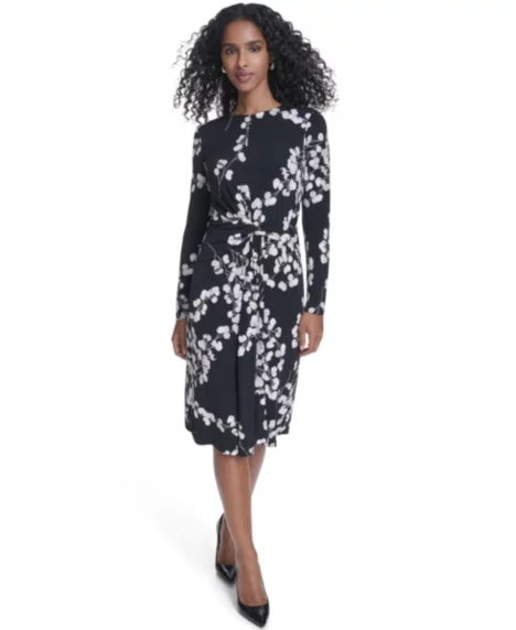 Petite Printed Long-Sleeve Midi Dress - Black/cherry Blossom Multi