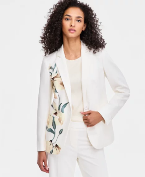 Petite Floral Placement-Print One-Button Blazer - White Dove Multi