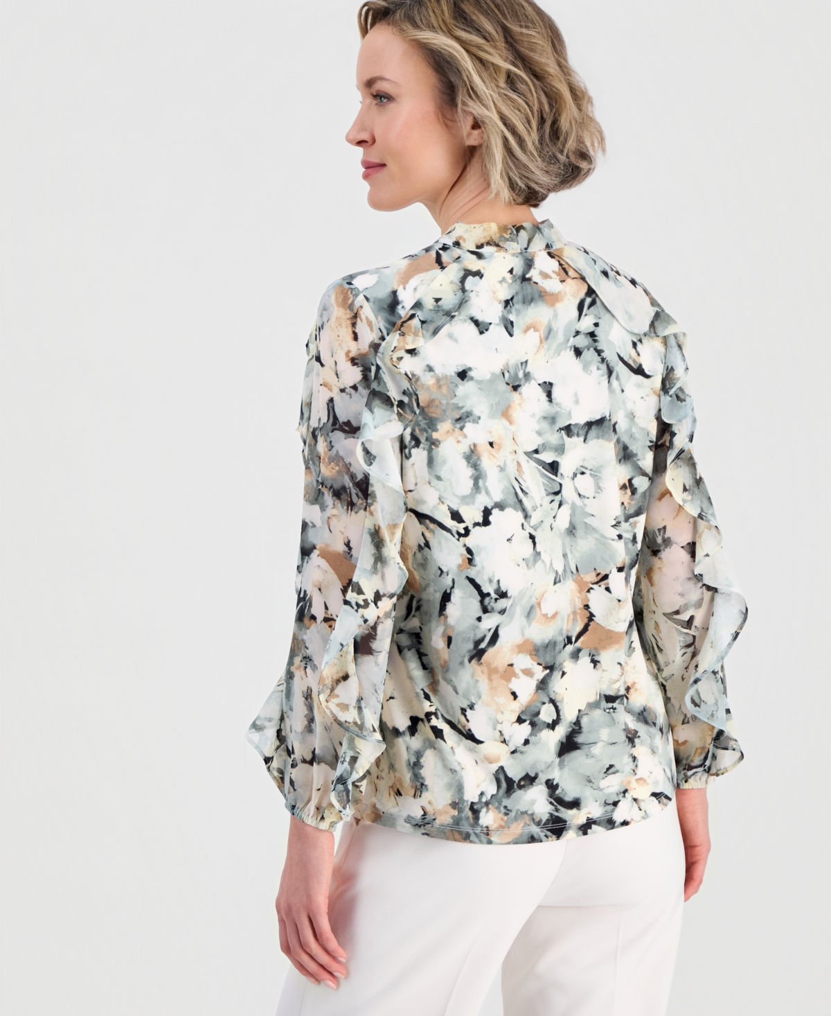 Anne Klein Women's Printed Tie-Neck Ruffle Blouse