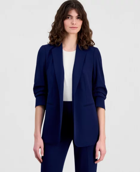Petite Scrunch-Sleeve Open-Front Blazer - Navy