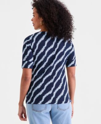 Women's Boat-Neck Elbow Sleeve Cotton Top, Exclusively at Macy's