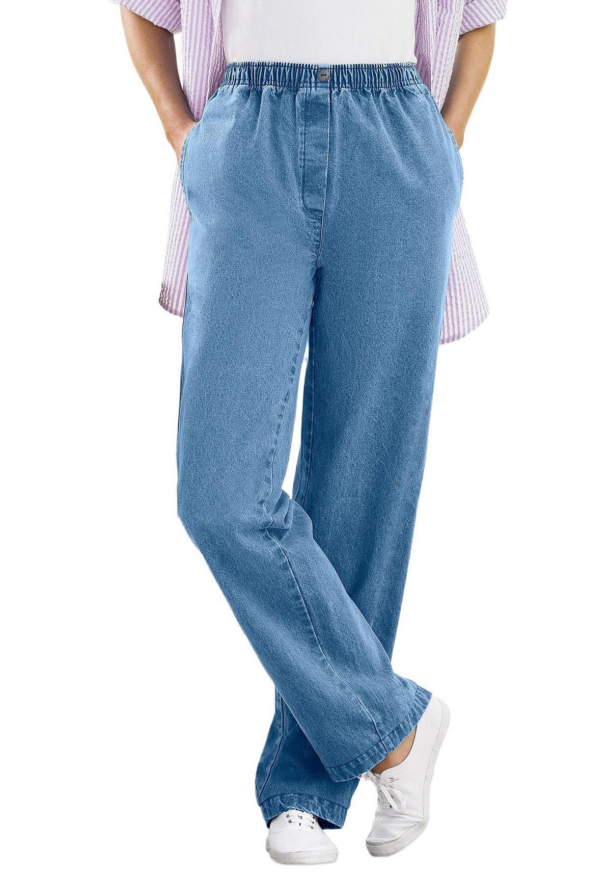 Woman Within Women's Plus Size Tall Straight-Leg All-Cotton Denim Pull-On 7-Day Elastic-Waist Jeans view 3 — MAYCSS fashion products