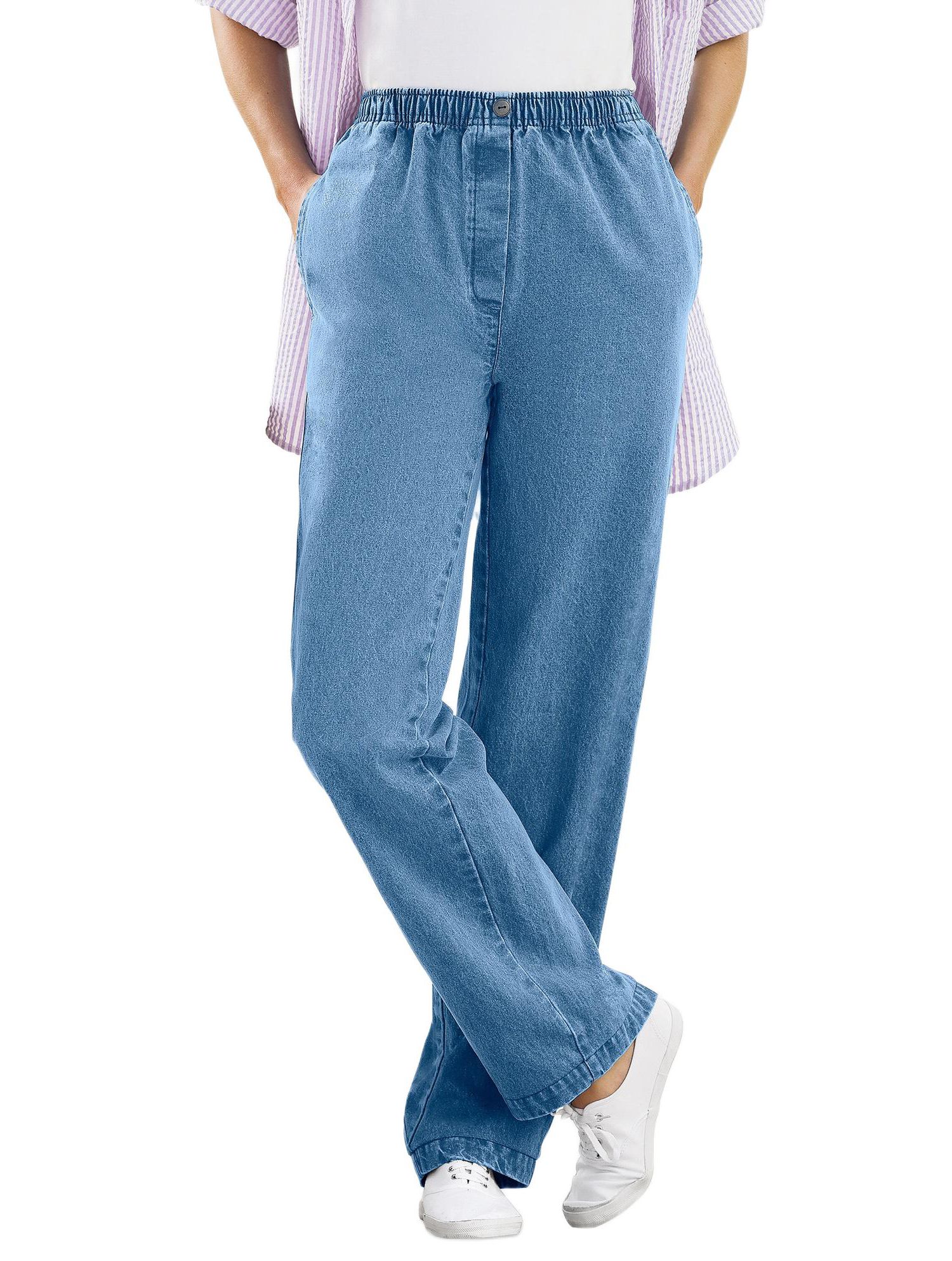 Women's Plus Size Tall Straight-Leg All-Cotton Denim Pull-On 7-Day Elastic-Waist Jeans