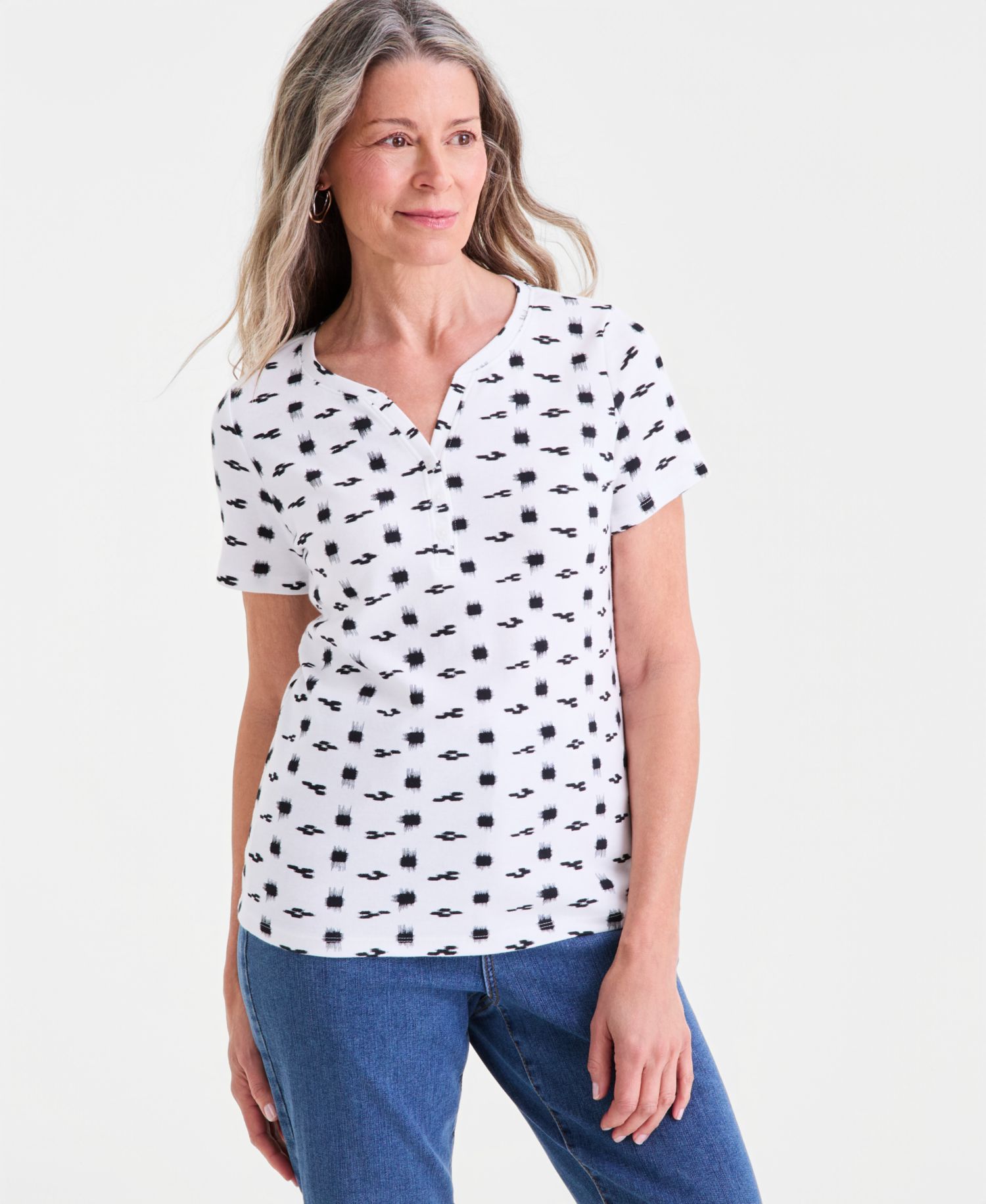 Women's Printed Short-Sleeve Henley Top, Exclusively at Macy's